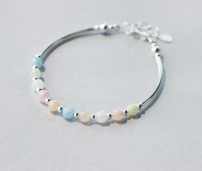 100% Real. 925 Sterling Silver Multicoloured Nature Morganite Stone Bracelet &Lucky Beads Candy Color DROP Shipping GTLS310