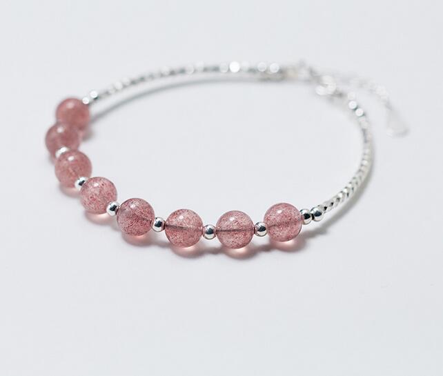 100% Real. 925 Sterling Silver jEWELRY Natural strawberry quartz Stone charms Bracelet with Beads GTLS434