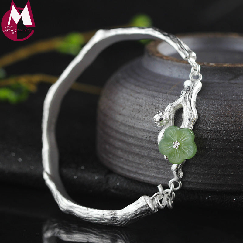 100% Real 999 Sterling Silver Bangles For Women Original Design Fine Tree Branch Fashion Flower Natural Green Jade Bracelet SB57