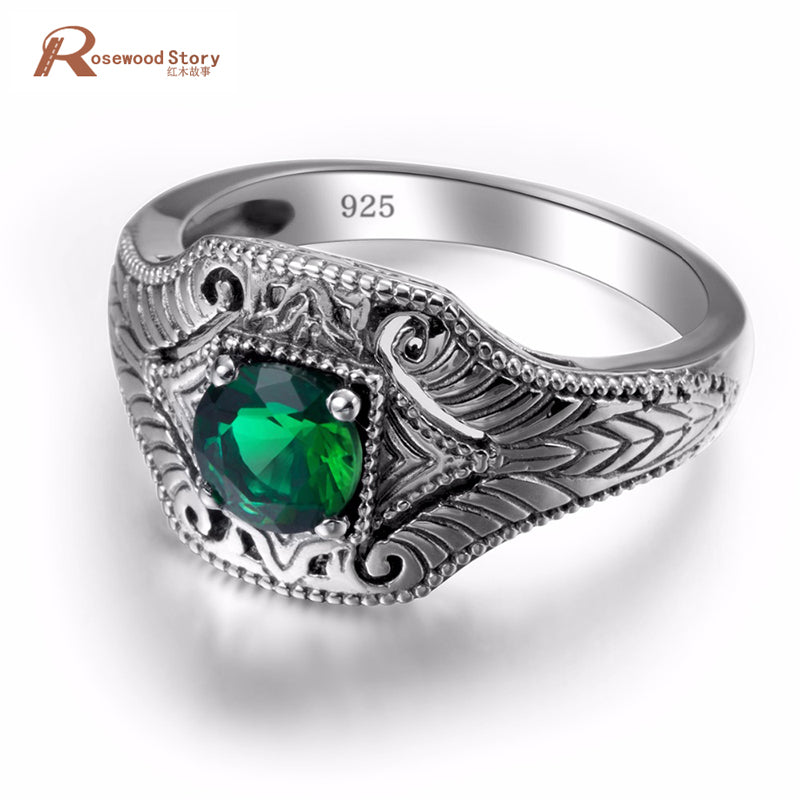 100% Real Pure 925 Sterling Silver Rings Green CZ Stone For Women Men Bulgaria Jewelry Vintage Design Silver Finger Ring