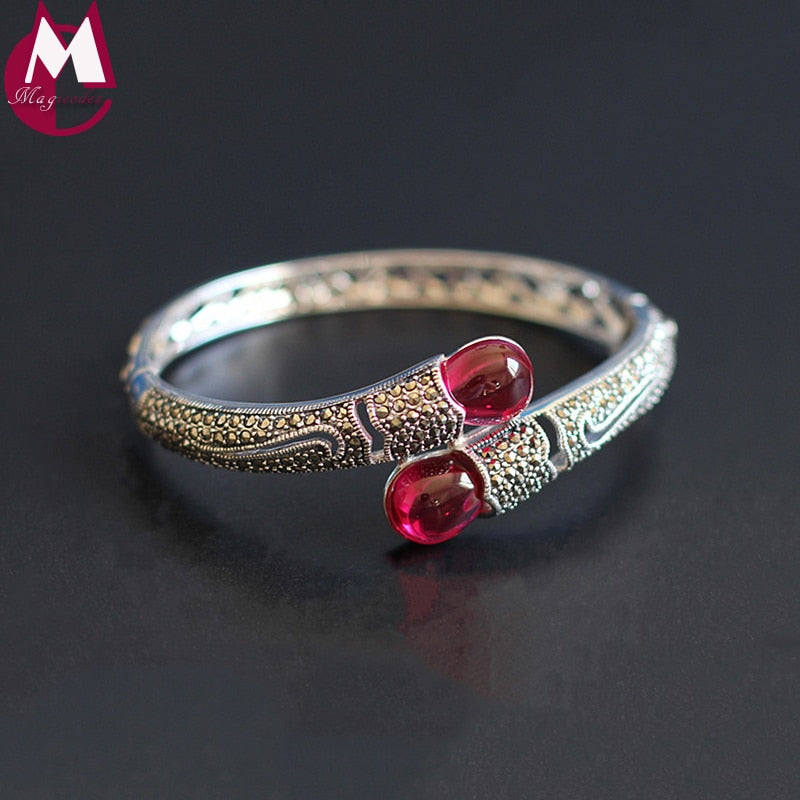 100% Real Sterling Silver Bracelets & Bangle For Women Vintage Elegant Red Jade Bangle Female Gemstone Silver 925 Jewelry SB60