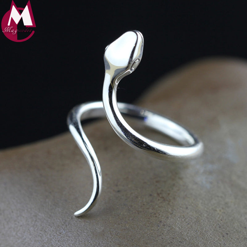 100% Real Sterling Silver Ring For Women Handmade Snake Heavy Metals Punk Rock Open Ring Vintage Animal Party Men Jewelry SR83
