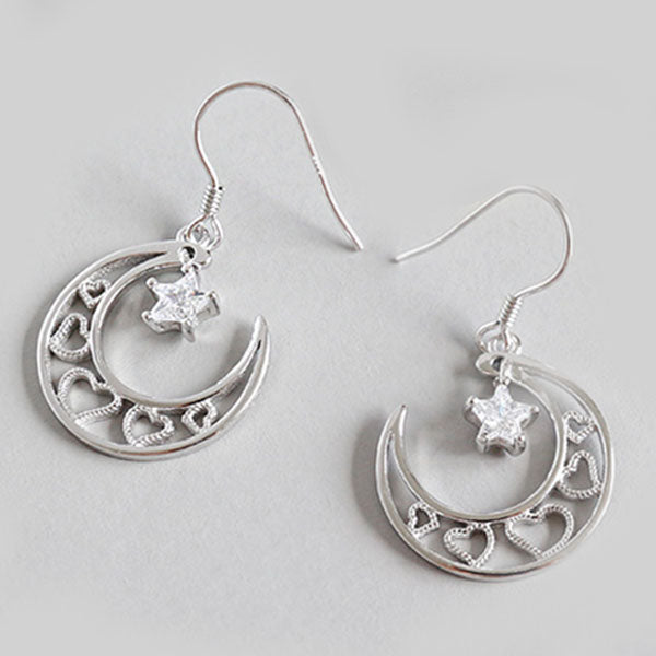 100% S925 Sterling Silver New Coming Hollow Moon Star Earrings for Women