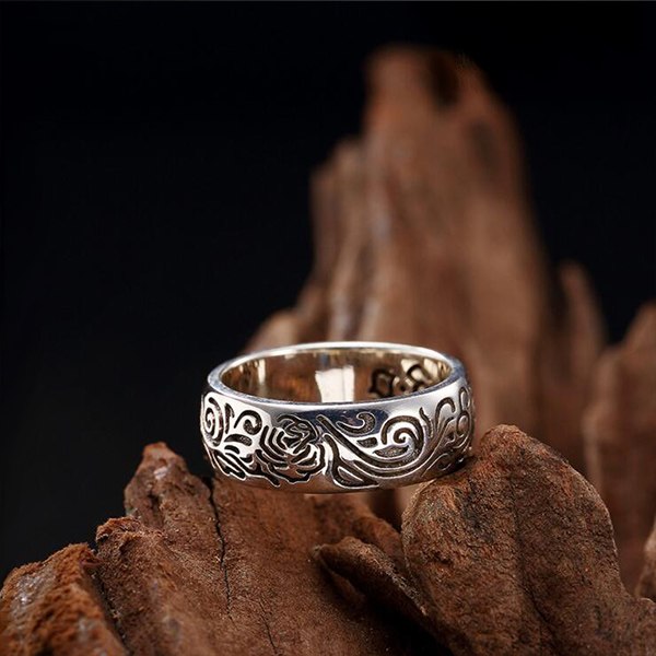 100% S925 Sterling Silver Ring Romantic Jewelry Rose Flower Heart Vintage Totem Ring