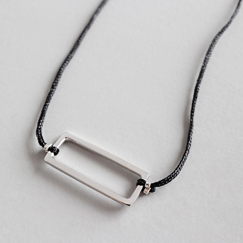 100% S925 Sterling Silver Vintage Hollow Square Bar Necklace Geometric Bar Pendant