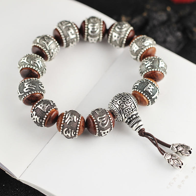 100% Silver Sandalwood Traditional Tibetan Buddhism Bracelet Six Words Mantras OM MANI PADME HUM Antiqued Metal Amulets Beads