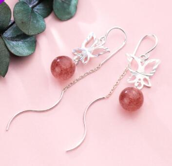 100% Solid Real 925 Sterling Silver Sweet Tassel Strawberry Crystal Butterfly Drop Earrings For Women Fine Jewelry