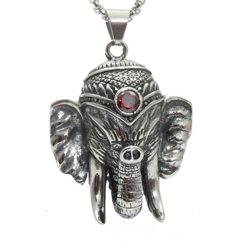 100% Stainless Steel Vintage Distressed Red Zircon Mascot Elephant Elephant God Buddha Titanium Steel Pendant Necklace