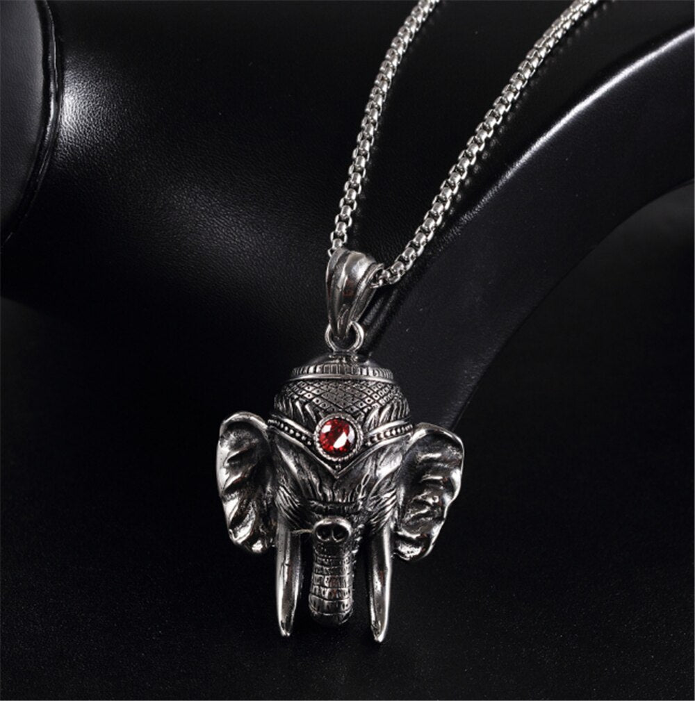 100% Stainless Steel Vintage Distressed Red Zircon Mascot Elephant Elephant God Buddha Titanium Steel Pendant Necklace