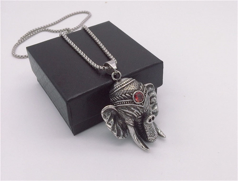 100% Stainless Steel Vintage Distressed Red Zircon Mascot Elephant Elephant God Buddha Titanium Steel Pendant Necklace