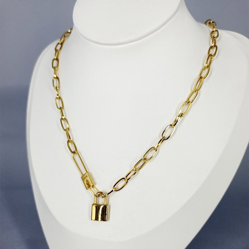 100% Stainless Steel lock catch Necklace For Women Gold Color Metal Lock Chunky Heavy Duty Chain Choker