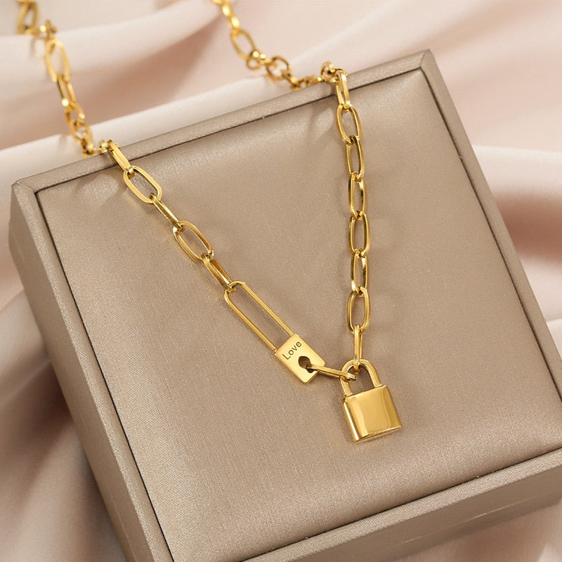 100% Stainless Steel lock catch Necklace For Women Gold Color Metal Lock Chunky Heavy Duty Chain Choker