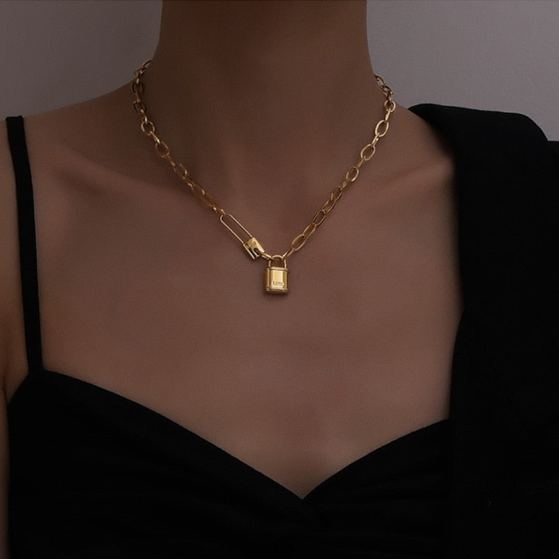100% Stainless Steel lock catch Necklace For Women Gold Color Metal Lock Chunky Heavy Duty Chain Choker