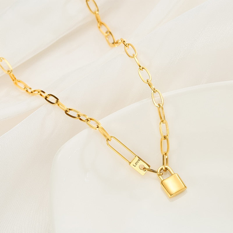 100% Stainless Steel lock catch Necklace For Women Gold Color Metal Lock Chunky Heavy Duty Chain Choker