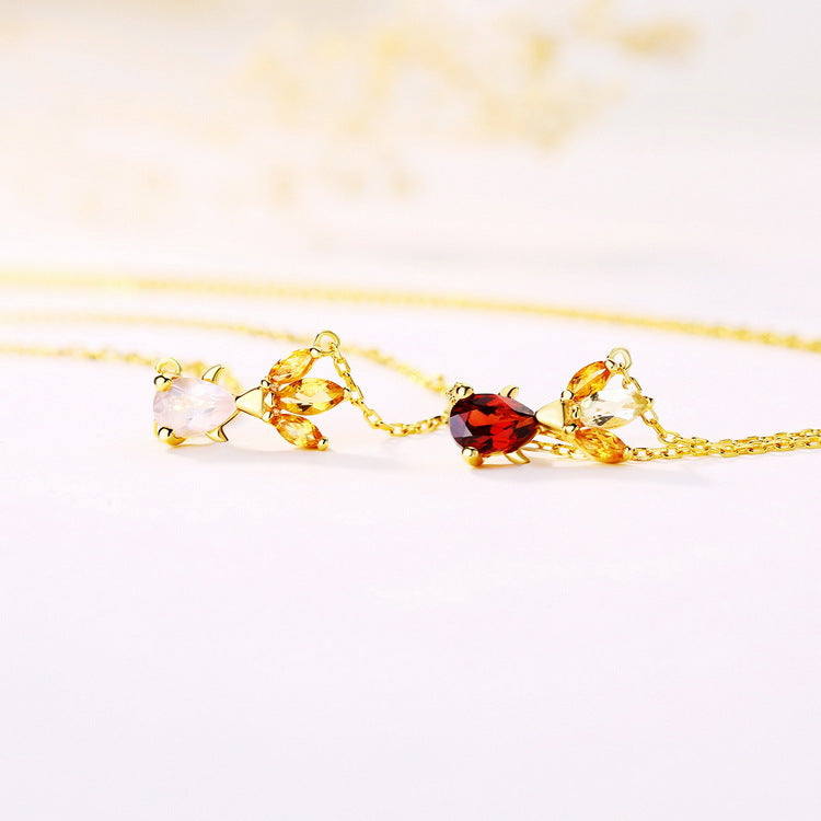 100% Sterling Silver Gemstone Necklace Natural Retro Ro Garnet Goldfish Pendant Necklace Pink Crystal Female Fine Jewelry