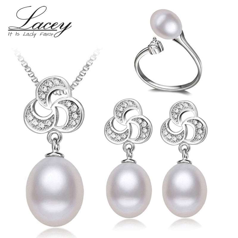 100% pearl jewelry sets women, real natural pearl jewelry sets 925 silver mother trendy necklace ring earring party