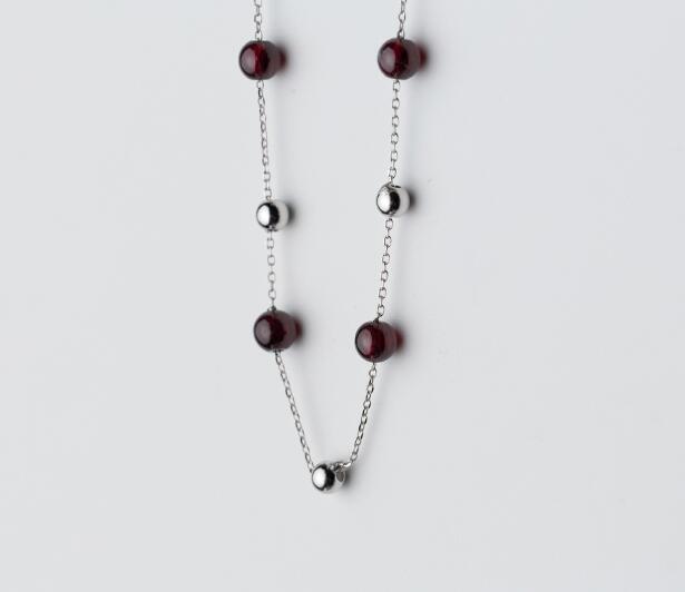 100% real 925 Sterling Silver Fine Jewelry Red garnet Stone & lUCKY Round Beads Geometric Pendant Statement necklace GTLX1624