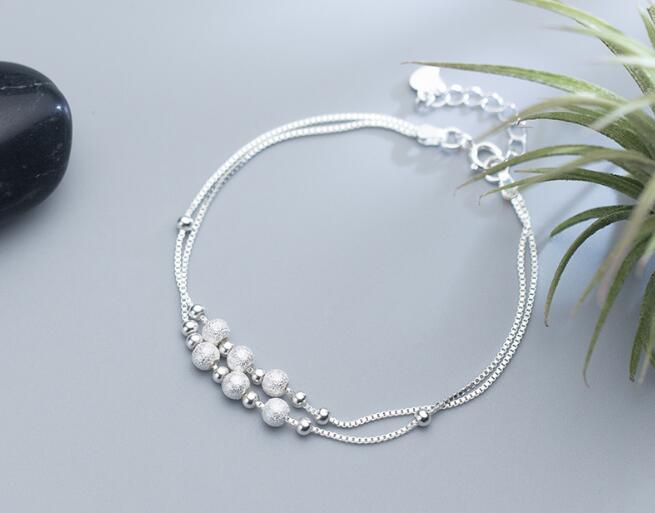 100% real. 925 Sterling silver Fine Jewelry double rows Brushed &Polished round ball beads GEOMETRIC Bracelet GTLS606