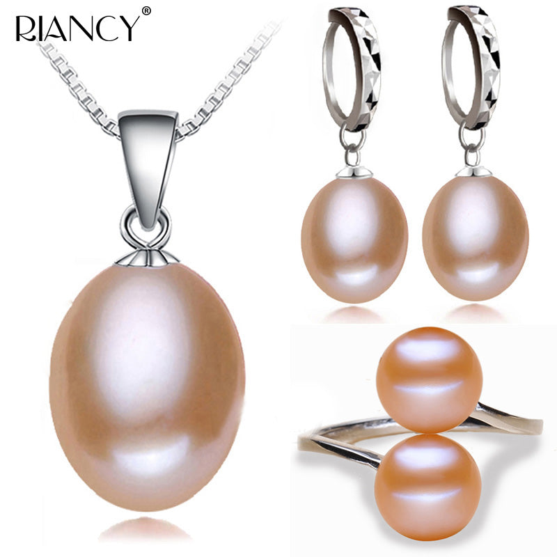 100% real pearl jewelry sets women,natural pearl jewelry sets 925 silver pendant ring earring party top quality