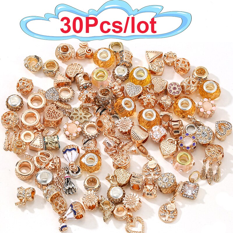 100Pcs/5Pcs Gold Color Sparkling Mixed Random Dangle Beads Charm Fit Original Brand Bracelet Necklace For Women Jewelry Making