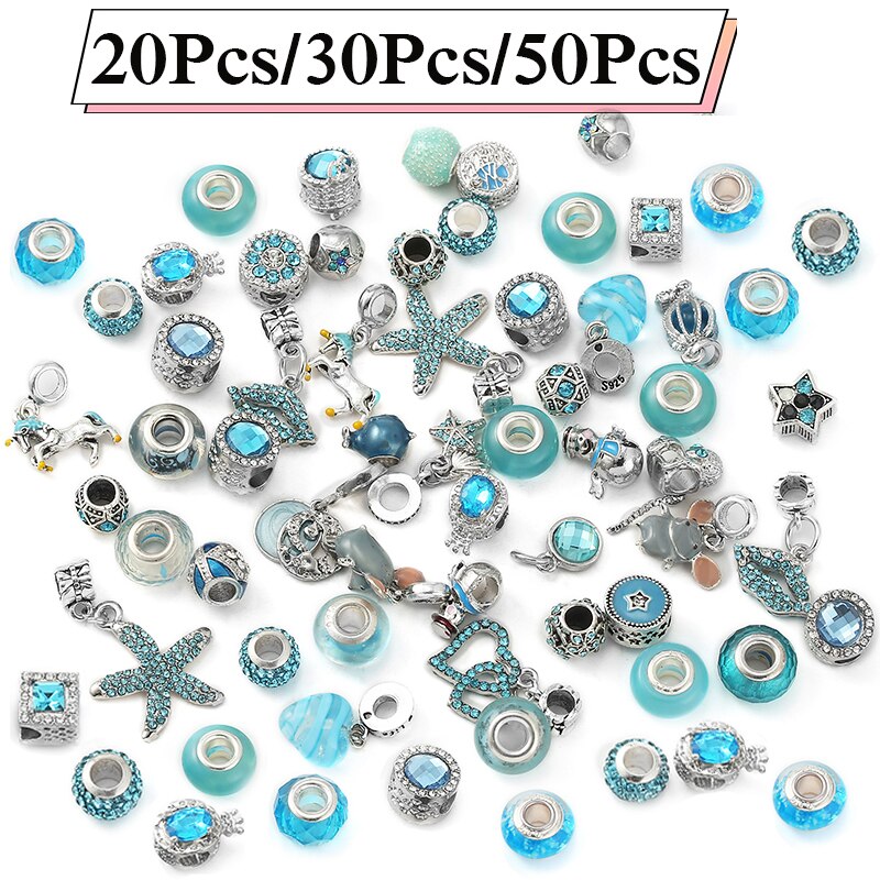 100Pcs Silver Color Sparkling Blue Mixed Random Delivery Charm Beads Original Bracelets Necklaces Women Jewelry Making