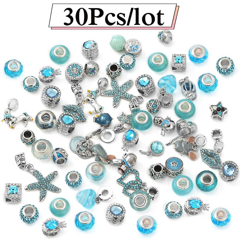 100Pcs Silver Color Sparkling Blue Mixed Random Delivery Charm Beads Original Bracelets Necklaces Women Jewelry Making