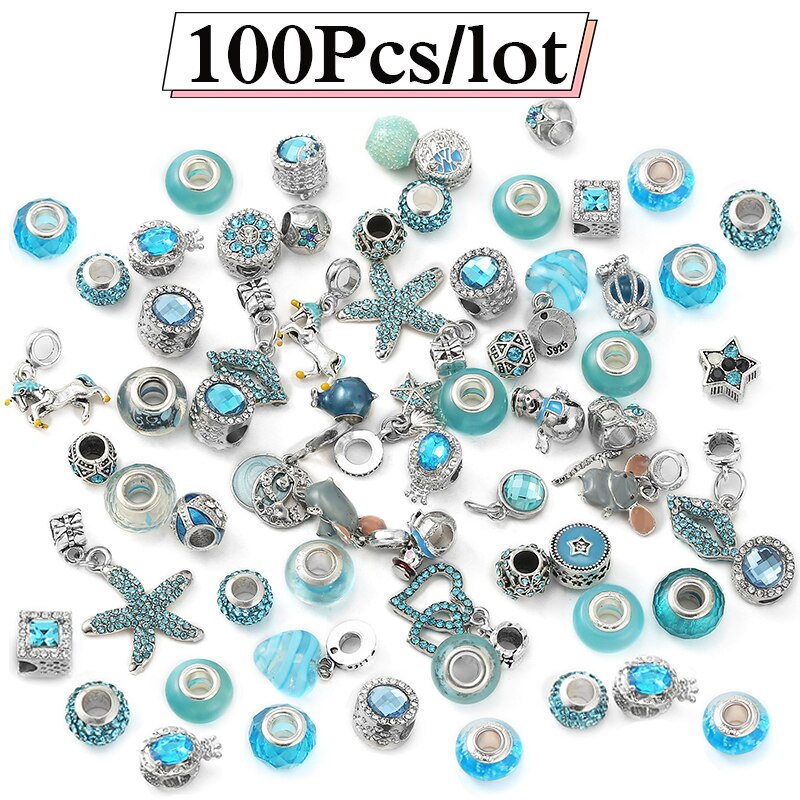 100Pcs Silver Color Sparkling Blue Mixed Random Delivery Charm Beads Original Bracelets Necklaces Women Jewelry Making