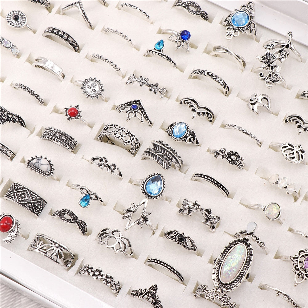 100pcs/Lot Bohemia Vintage Golden Silver Plated Mix Style Finger Rings For Women Gift Jewelry