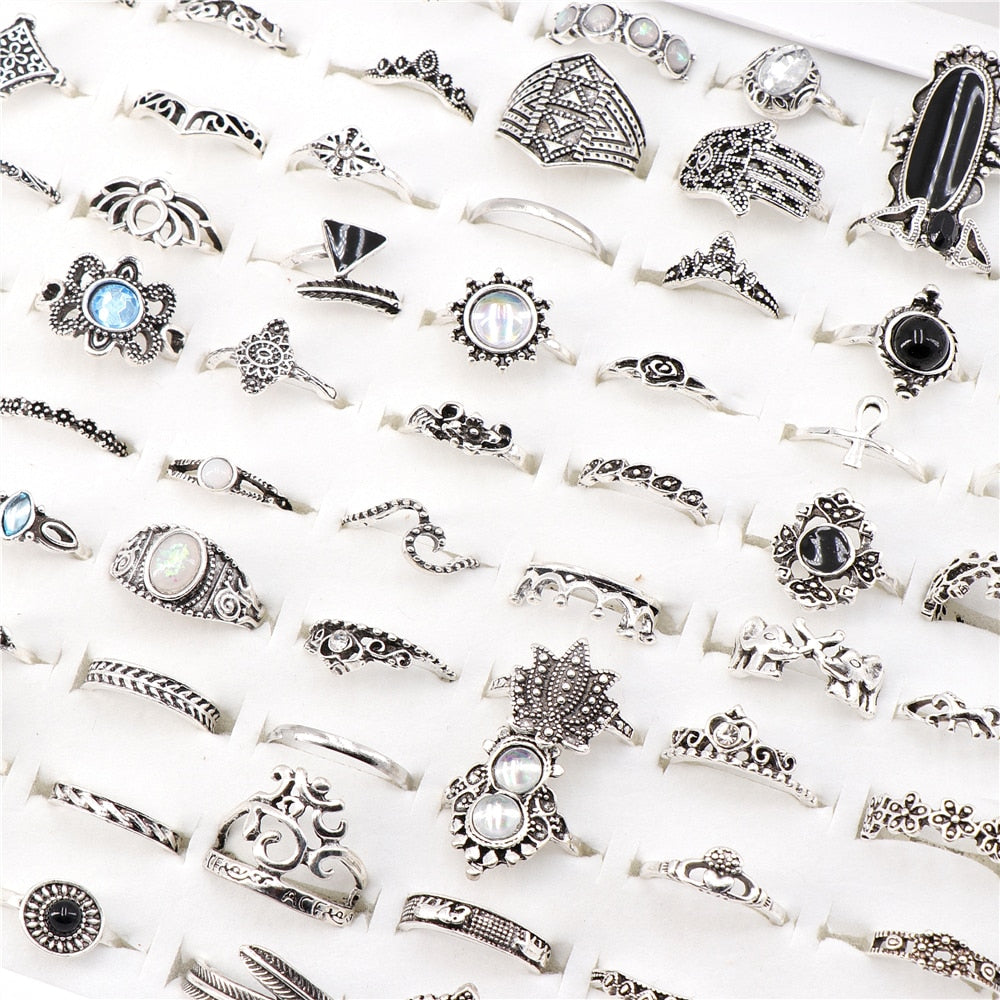 100pcs/Lot Bohemia Vintage Golden Silver Plated Mix Style Finger Rings For Women Gift Jewelry