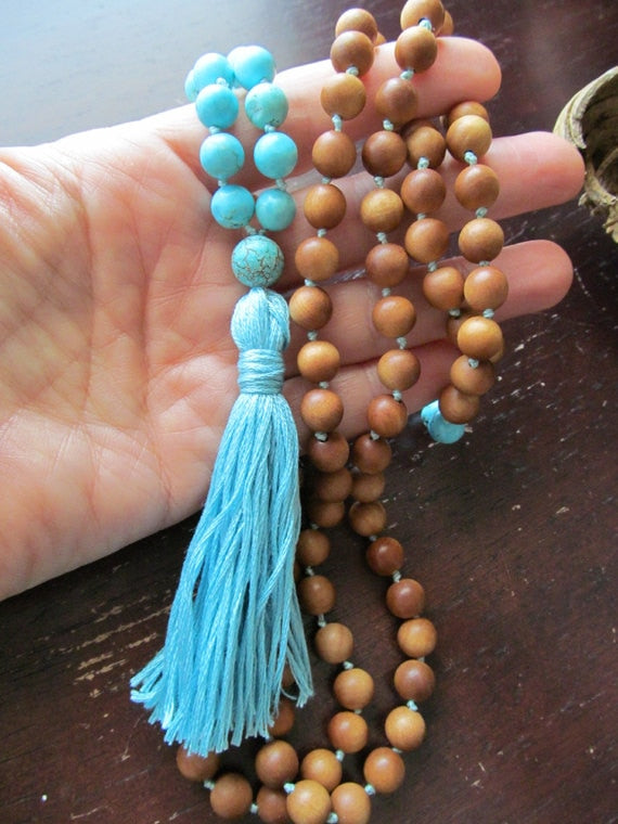 108 Bead Mala Necklace Turquoises and Sandalwood Necklace Tassel Necklaces Yoga Mala Beads Jewelry Prayer Beads Necklaces