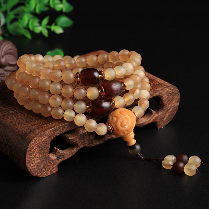 108 Beads Natural Tibet Jewelry Ethnic Style Genuine Goat Horn Bone Natural Color for Men & Women Bracelet