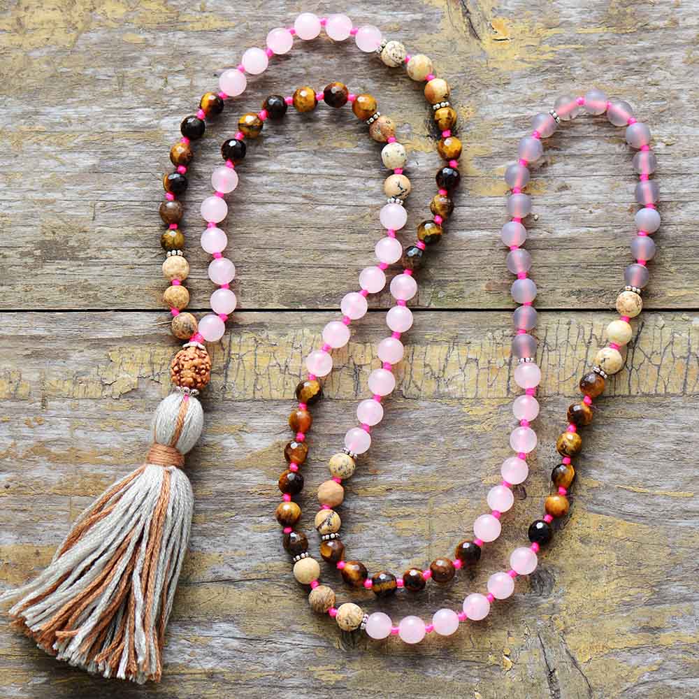 108 Beads Necklace 6MM Tiger Eye Frosted Onyx Rudraksha Fat Tassel Necklace Women Lariat Mala Yoga Necklace
