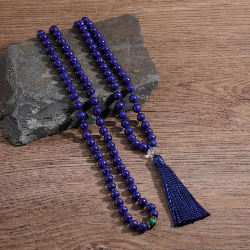 108 Mala 8MM Lapis Lazuli & Green Malachite Beaded Knotted Necklace Men and Women Blessing Charm Jewelry Long Tassel