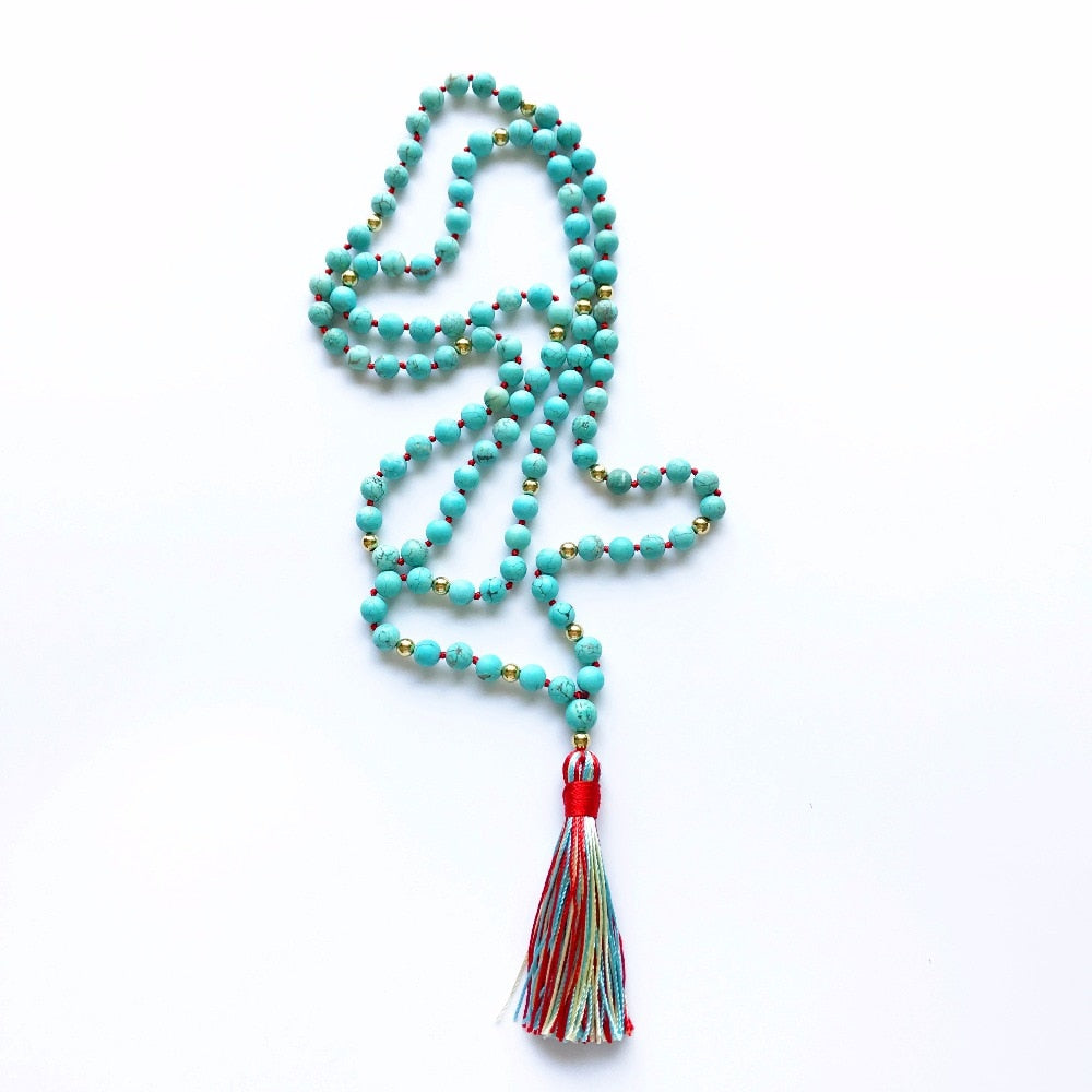 108 Mala Beads Necklace Natural Turquoises Necklace Fashion Bule Hand Knotted Necklaces Prayer Yoga Meditation Taeesl Necklaces