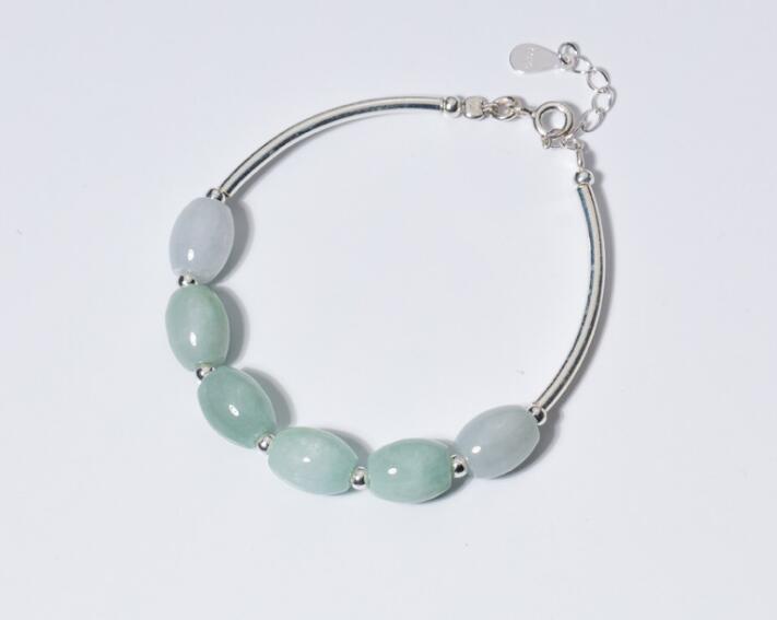 10MM*7.5MM 100% real. 925 Sterling silver Fine Jewelry Natural Oval emerald Jade Stone &round Beads bangle Bracelet RetroGTLS604