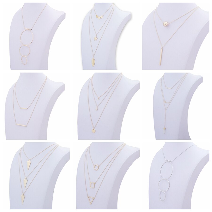10Pcs Multilayer Hyperbole Pendant Choker Necklaces Women Gold/Silver Color Beads Round Square Triangle Jewelry
