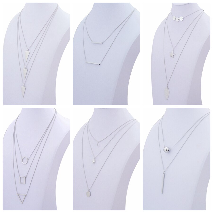 10Pcs Multilayer Hyperbole Pendant Choker Necklaces Women Gold/Silver Color Beads Round Square Triangle Jewelry