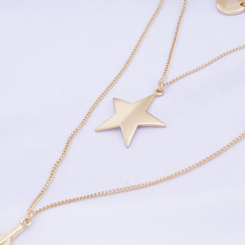 10Pcs Multilayer Hyperbole Pendant Choker Necklaces Women Gold/Silver Color Beads Round Square Triangle Jewelry