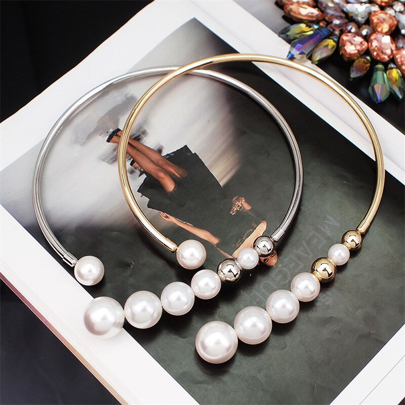 10Pcs/lot Simulated Pearl Torques Choker Necklace For Women Metal Statement Bib Collar Necklace Accessories Jewelry