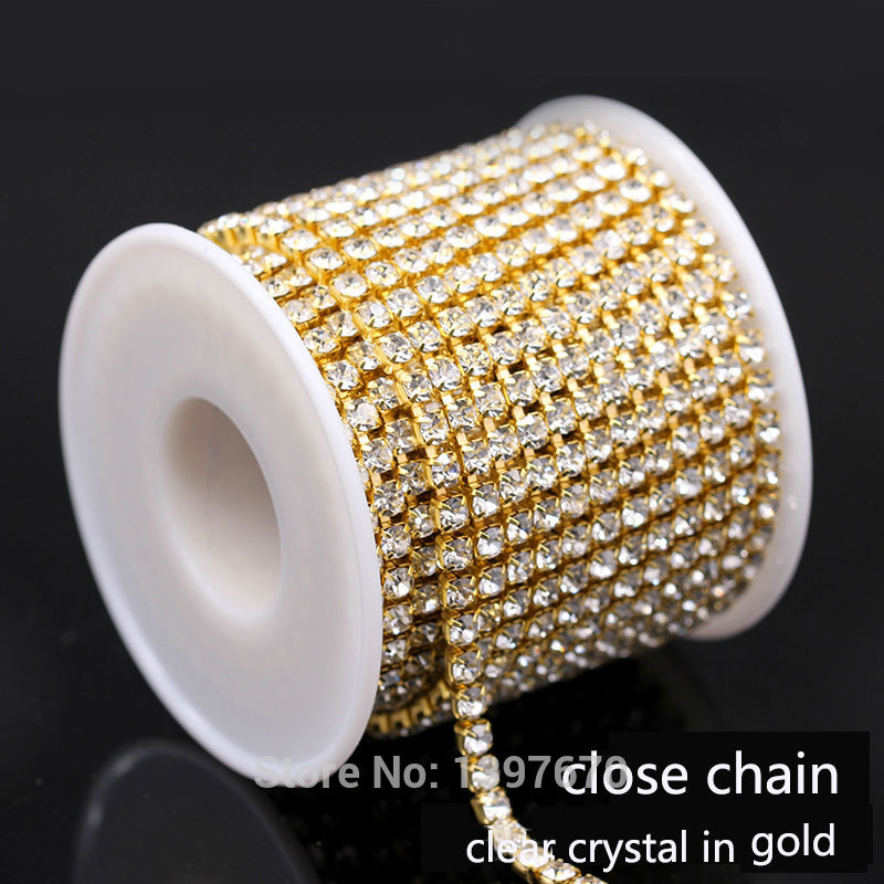 10Yards/lot ss6-ss18  dense Crystal rhinestone chain close crystal in gold  base Cup chain for clothing ornament accessories
