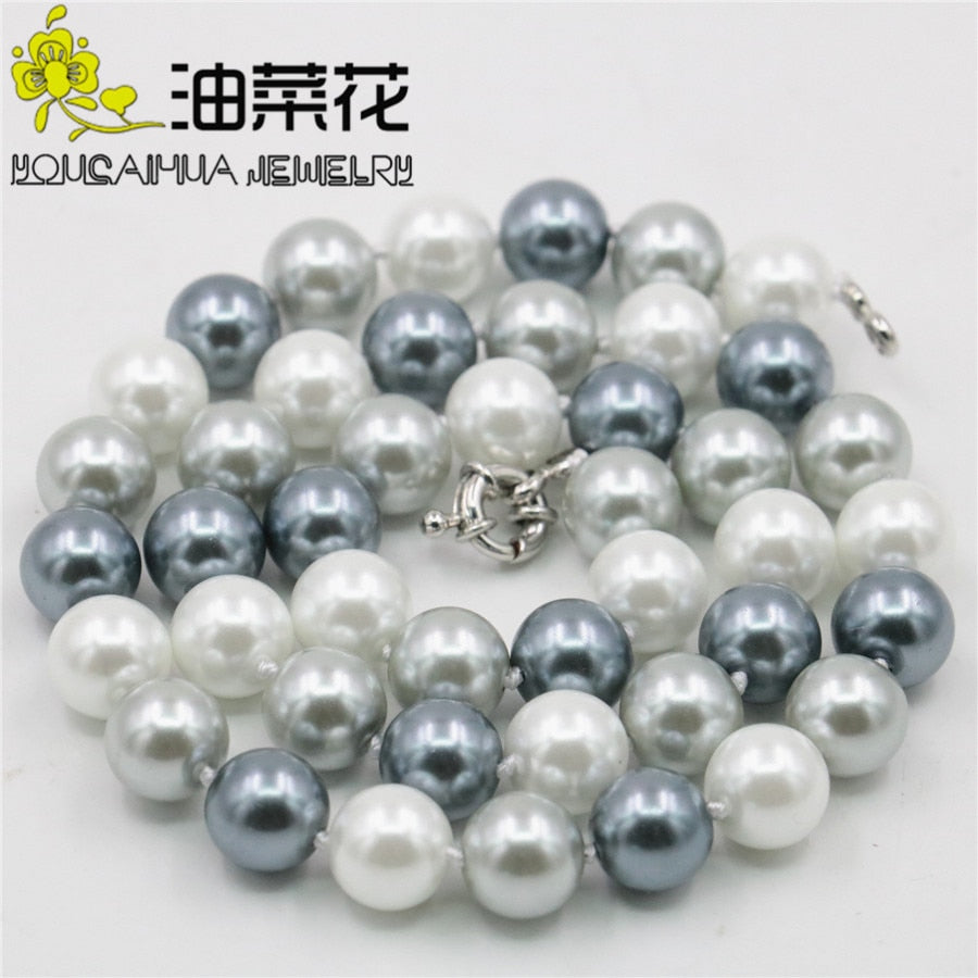 10mm Elegant White Silver Gr Shell Pearl Necklace Round Beads Women Fashion Jewelry Making Design 18 MY4309 Wholesale Price