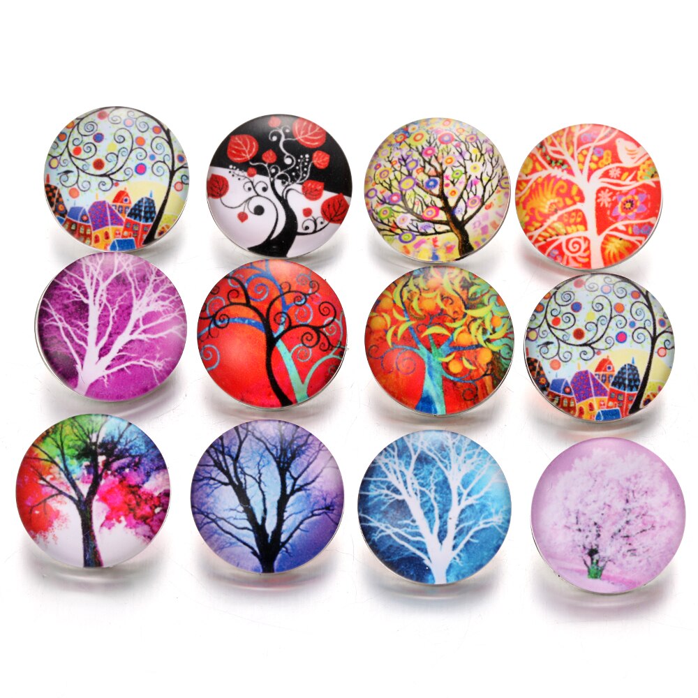 10pcs  18MM Glass Snap Buttons Mixed Colors Glass Cabochon Life Tree Snaps Button Fit DIY Snap Bracelet Jewelry Print Buttons