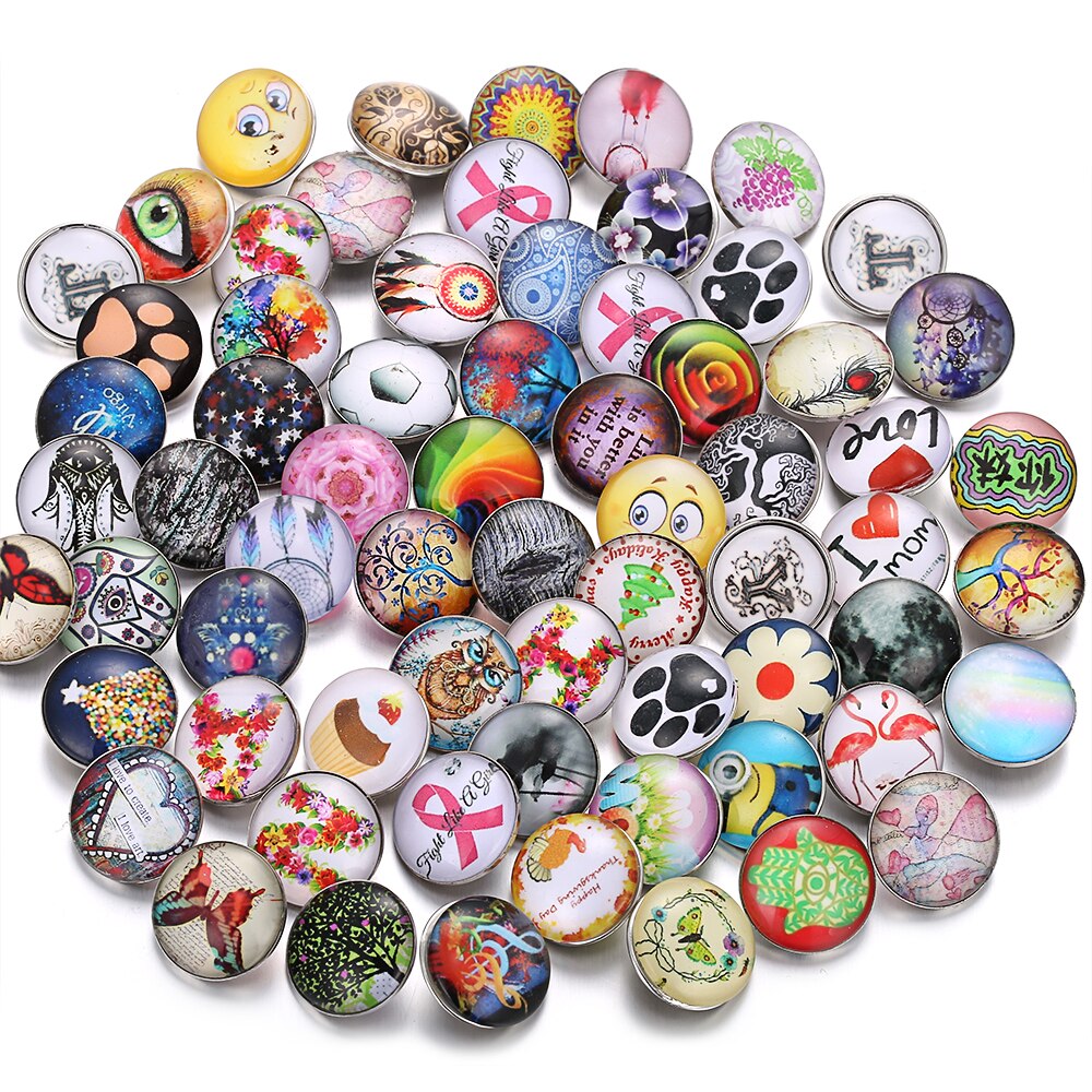 10pcs  18MM Glass Snap Buttons Mixed Colors Glass Cabochon Life Tree Snaps Button Fit DIY Snap Bracelet Jewelry Print Buttons