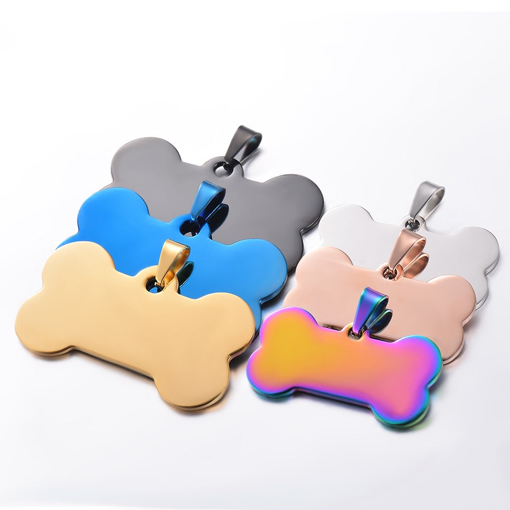 10pcs   Stainless Steel Bone Shape Dog ID Dog/ Cat  Tags  Collar Accessories 6 Colors Blank Pet ID Tag Jewelry