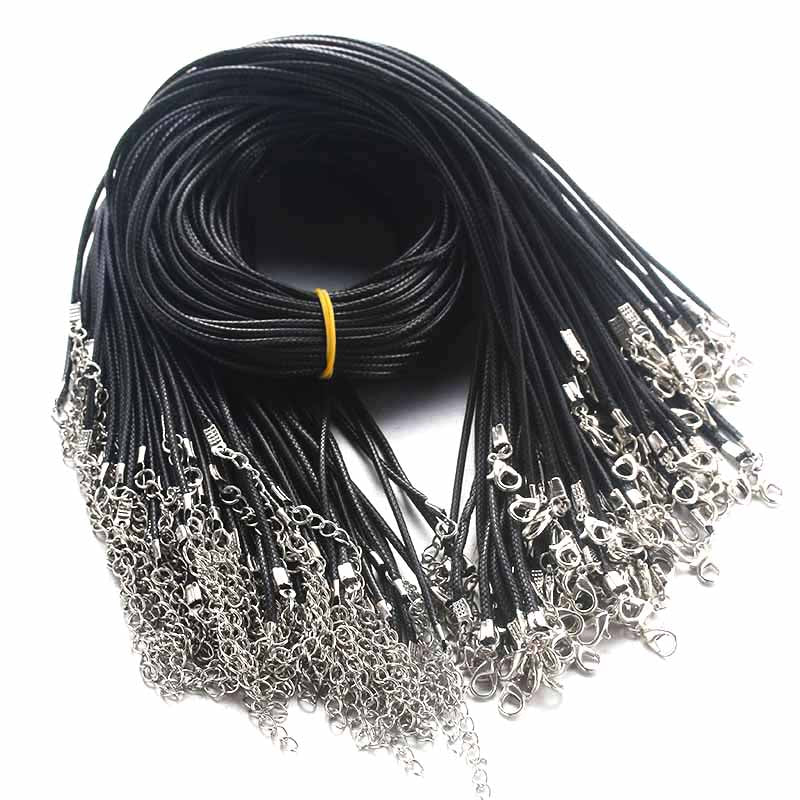 10pcs/lot 50cm 60cm Black Leather Chain Necklace 55cm + 5cm Extension Chain Lobster Clasp DIY Jewelry Accessories  2mm