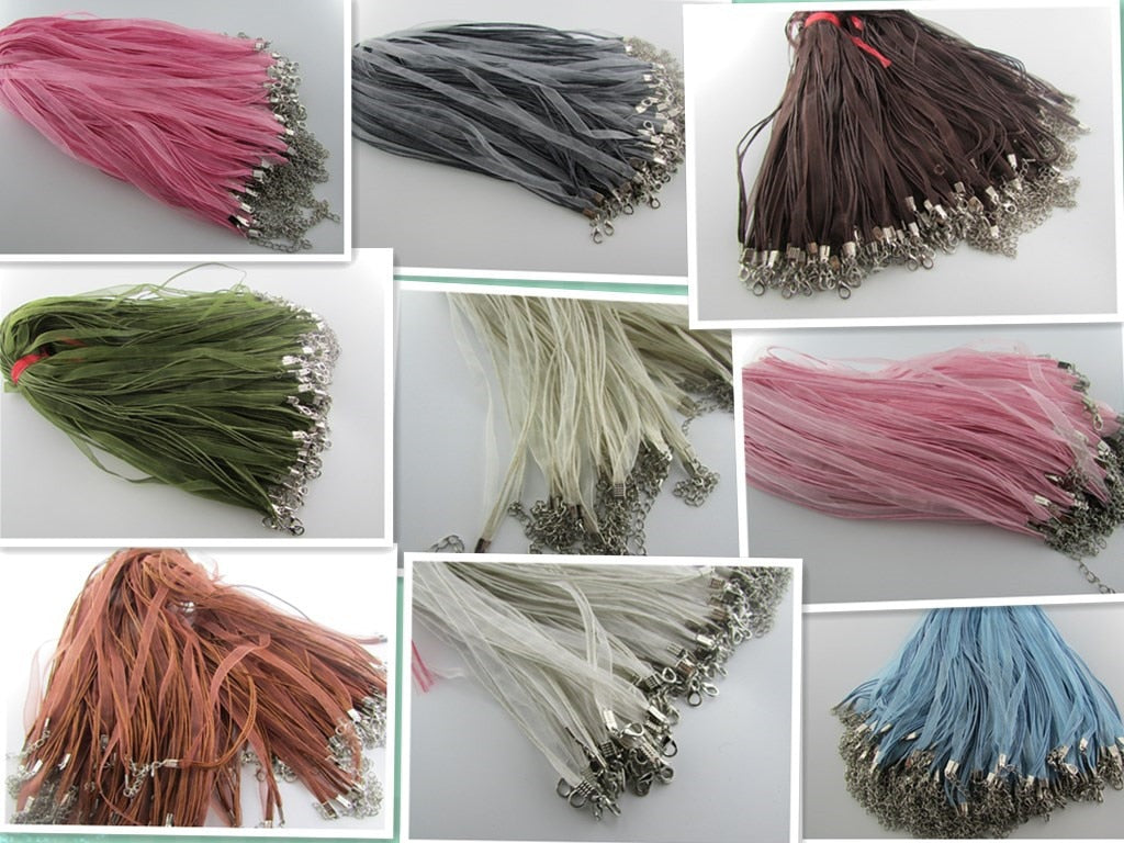 10pcs/lot Assorted Colors Organza Ribbon Necklace Cord with Lobster Clasp For DIY Jewelry Making FK-1