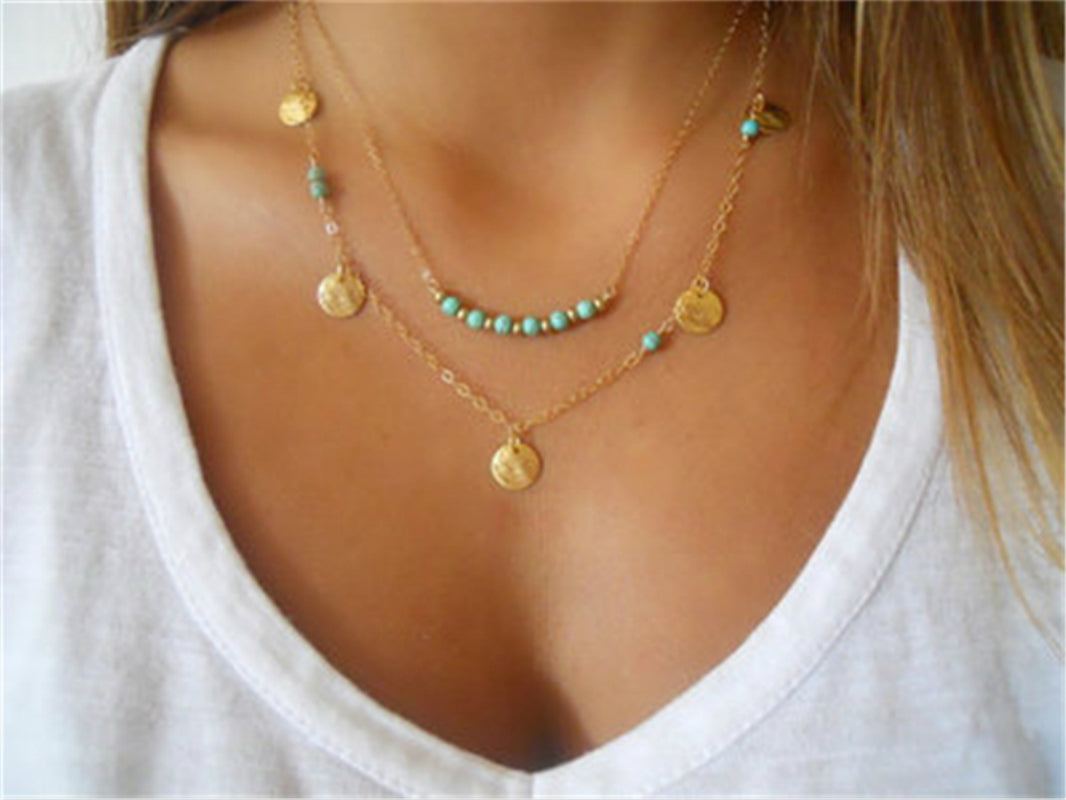 10pcs/lot Disc Dangle Charm Necklace Circle Geometric Necklace Turquoises Beads Necklace