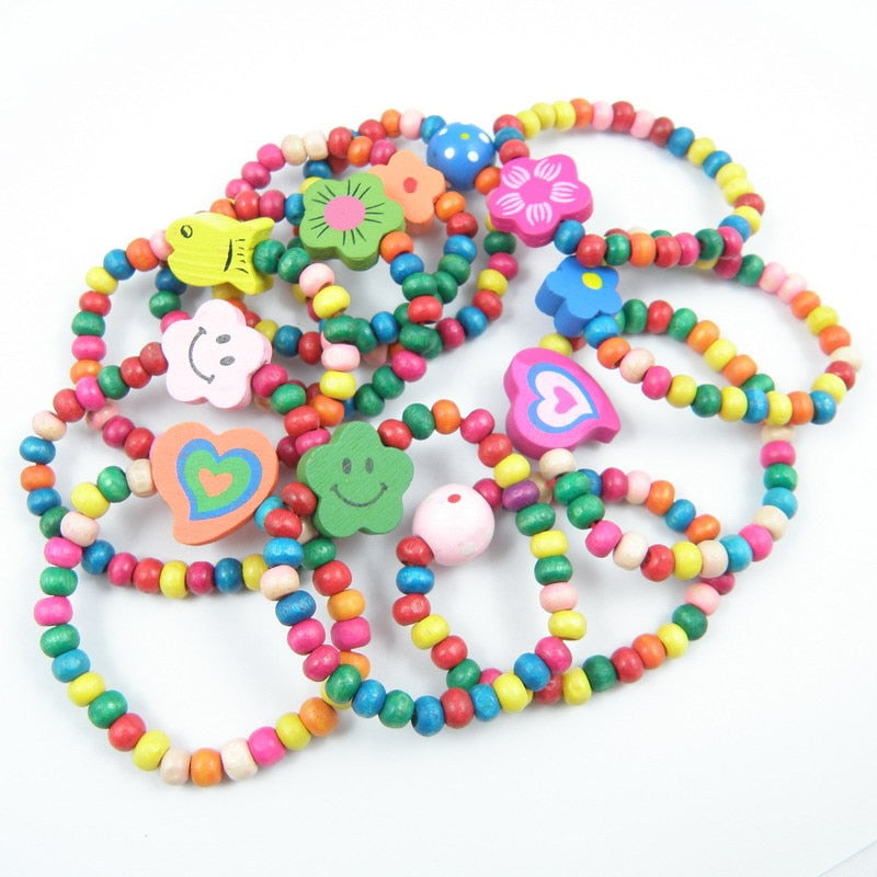 10pcs/lot Natural Wood Kids Elastic Wooden Beads Bracelets Children Girl Birthday Party Jewelry Gift (Random Color Style),TCN691