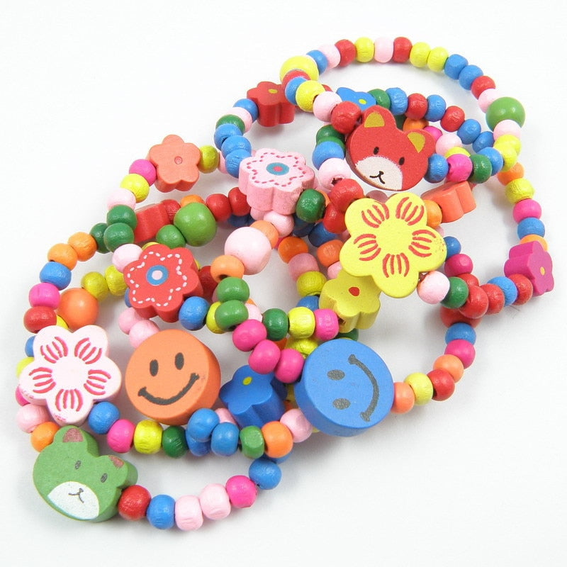 10pcs/lot Natural Wood Kids Elastic Wooden Beads Bracelets Children Girl Birthday Party Jewelry Gift (Random Color Style),TCN691