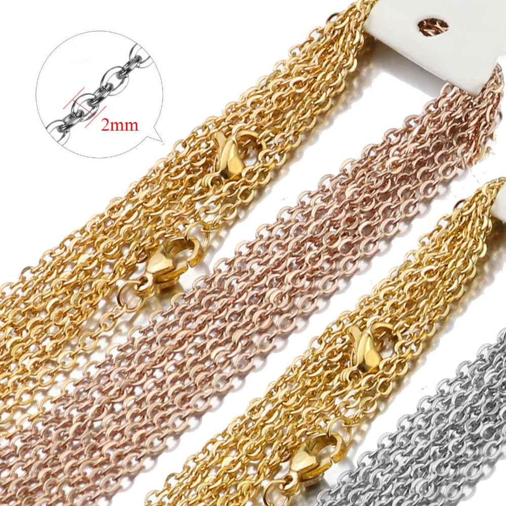 10pcs/lot Width 2mm Cut Rolo Link diy stainless steel Chain Rose Gold/Gold/Steel Cuban Chains Necklaces Pendant